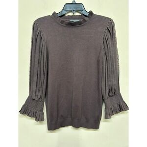 Adrianna Papell Brown Knit Top S Smocked Swiss Dot Balloon Sleeve office classic